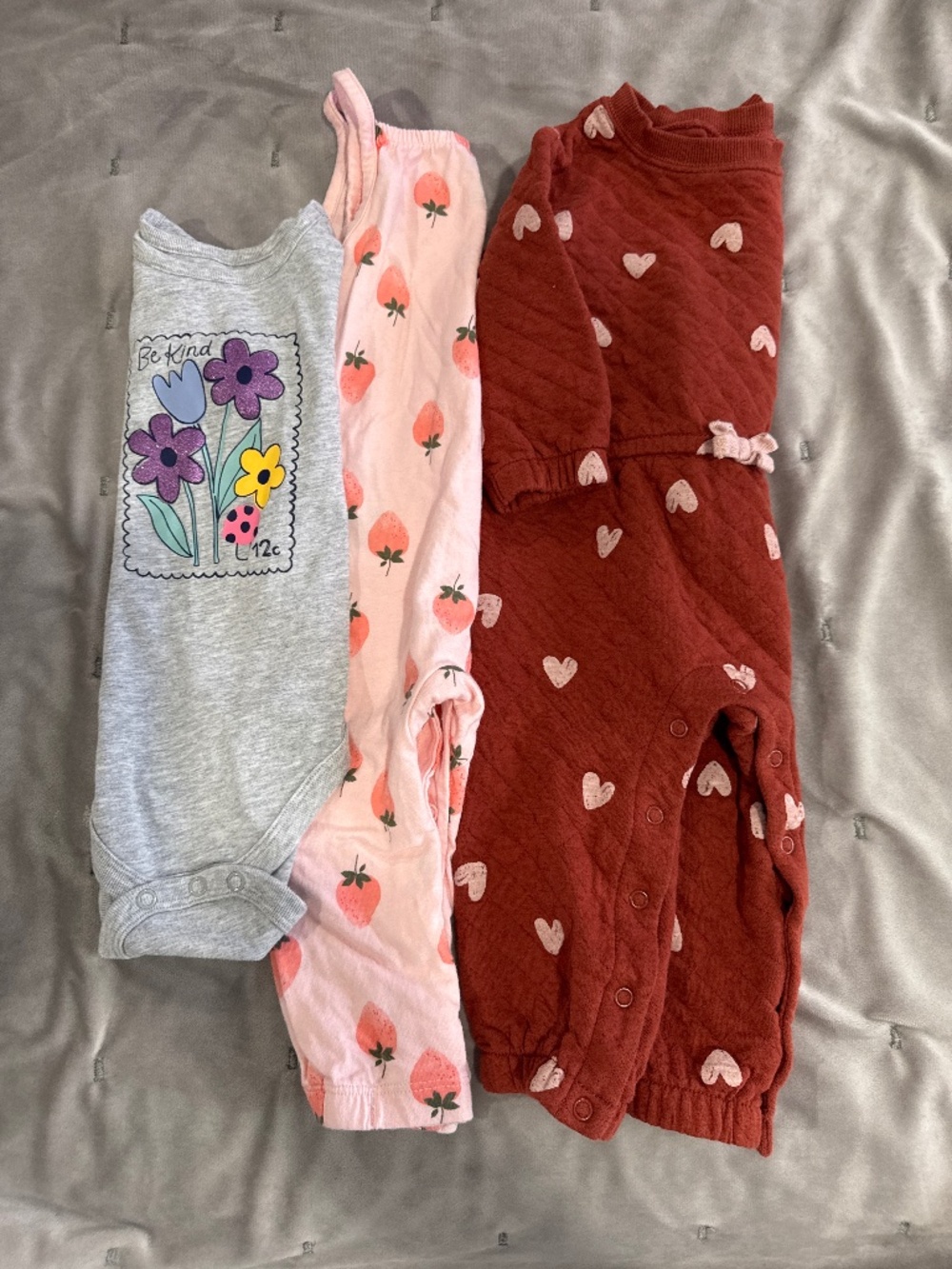 Baby clothes jumpsuits and bodysuits pink brown hearts flowers fruits size 12M